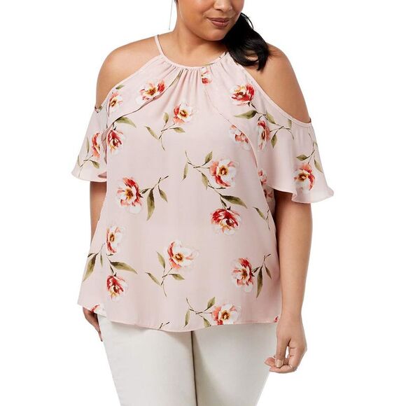 Soprano Trendy Plus Size Printed Cold Shoulder Ruffle Top - Picture 3 of 3